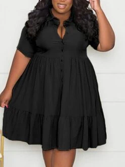 Women‘s Plus Size Curve Shirt Dress Solid Color Shirt Collar Ruffle Half Sleeve Spring Summer Casual Knee Length Dress Daily Holiday Dress -HAYz Clothing Shop fskacw1656491036029
