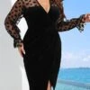 Women‘s Plus Size Curve Party Dress Cocktail Dress Wedding Guest Dress Black Dress Midi Dress Long Sleeve Pure Color Mesh Spring Fall Winter V Neck Fashion Winter Dress Birthday Wedding Guest