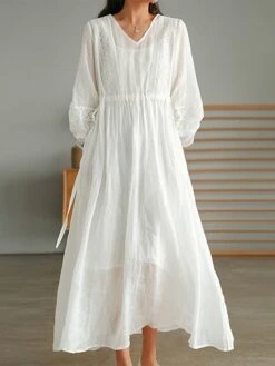 Women's Casual Dress Cotton Linen Dress Swing Dress Maxi Long Dress Cotton Blend Basic Modern Outdoor Daily Vacation V Neck Lace Patchwork Long Sleeve Summer Spring Fall 2023 Regular Fit White Plain