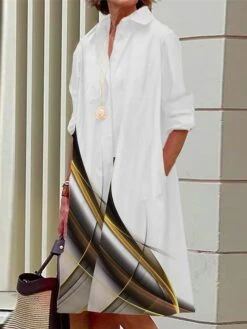 Women's Shirt Dress Casual Dress Midi Dress Outdoor Office Daily Polyester Fashion Modern Shirt Collar Button Pocket Long Sleeve Summer Spring Fall 2023 Loose Fit Black White Yellow Ombre S M L XL 2XL -HAYz Clothing Shop fspdmx1690436523484