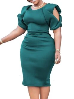 Women‘s Plus Size Curve Party Dress Solid Color V Neck Short Sleeve Spring Fall Work Formal Midi Dress Party Date Dress -HAYz Clothing Shop fsqzcx1661334433580
