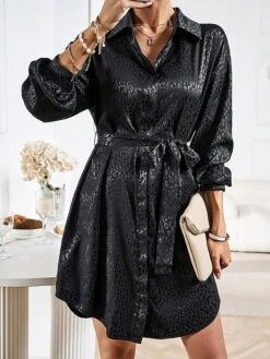 Women's Shirt Dress Midi Dress Outdoor Date Vacation Satin Fashion Elegant Shirt Collar Lace Up Button Long Sleeve Spring Fall Winter 2023 Loose Fit Black Wine Brown Pure Color S M L XL -HAYz Clothing Shop fsxllr1692856948167