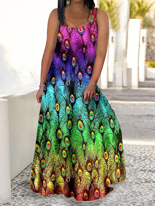 Women‘s Plus Size Curve Casual Dress Swing Dress Strap Dress Peacock Feather Long Dress Maxi Dress Sleeveless Print Strap Romantic Daily Deep Green Multicolor Summer Spring L XL XXL 3XL 4XL 4 Women‘s Plus Size Curve Casual Dress Swing Dress Strap Dress Peacock Feather Long Dress Maxi Dress Sleeveless Print Strap Romantic Daily Deep Green Multicolor Summer Spring L XL XXL 3XL 4XL - Image 4