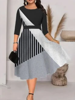 Women‘s Plus Size Curve Work Dress Swing Dress A Line Dress Fashion Midi Dress Print Crew Neck 3/4 Length Sleeve Floral Geometric Regular Fit Black White Green Summer Fall L XL XXL 3XL 4XL