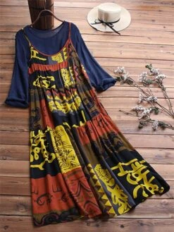 Women's Two Piece Dress Set Casual Dress Print Dress Daily Going Out Basic Ethnic Ruched Patchwork Midi Dress Crew Neck Long Sleeve Graphic Tribal Loose Fit Yellow Blue Fuchsia Summer Spring M L XL -HAYz Clothing Shop ftmpwm1677121569823