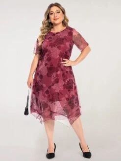 Women's Plus Size Party Dress Cocktail Dress Wedding Guest Dress Midi Dress Wine Blue Short Sleeve Floral Mesh Summer Spring Fall Crew Neck Fashion Wedding Guest Vacation Summer Dress 2023 L XL XXL