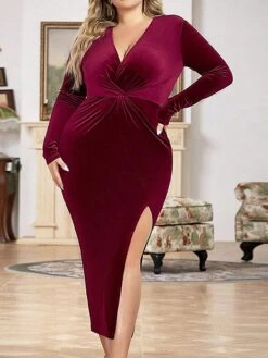 Women's Plus Size Curve Party Dress Wine Red Velvet Dress Bodycon Plain Midi Dress Long Sleeve Split V Neck Fashion Party Fall Winter -HAYz Clothing Shop ftvqne1695026705089