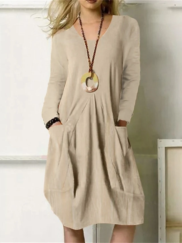 Women's Casual Dress Cotton Linen Dress Midi Dress Cotton Blend Stylish Basic Outdoor Winter Dress Daily Round Neck Ruched Pocket Long Sleeve Summer Spring Fall 2023 Regular Fit Black Orange Green 1 Women's Casual Dress Cotton Linen Dress Midi Dress Cotton Blend Stylish Basic Outdoor Winter Dress Daily Round Neck Ruched Pocket Long Sleeve Summer Spring Fall 2023 Regular Fit Black Orange Green