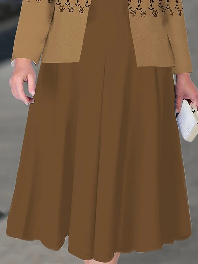 Women's Plus Size Curve Casual Dress Dress Set Two Piece Dress Geometric Color Block Midi Dress Long Sleeve Print Crew Neck Mature Outdoor Brown Fall Winter L XL XXL 3XL 4XL 3 Women's Plus Size Curve Casual Dress Dress Set Two Piece Dress Geometric Color Block Midi Dress Long Sleeve Print Crew Neck Mature Outdoor Brown Fall Winter L XL XXL 3XL 4XL - Image 3