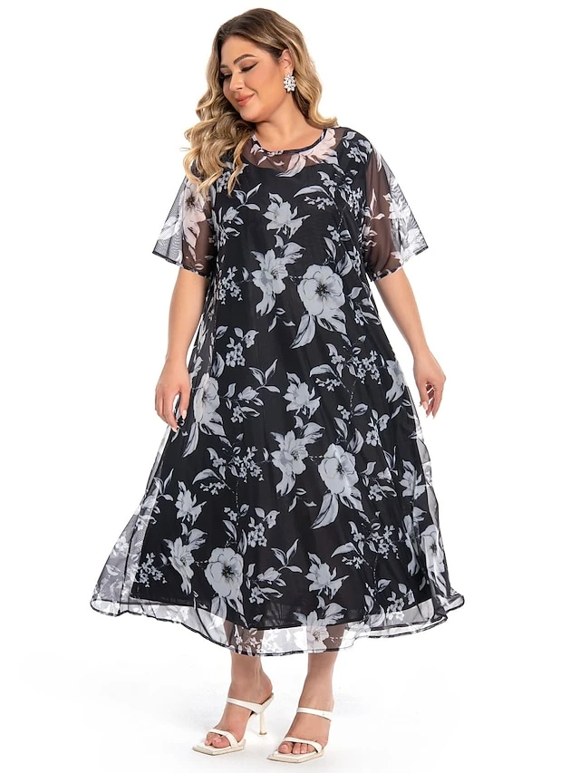 Women‘s Plus Size Curve Casual Dress Lace Dress Dress Set Floral Midi Dress 3/4 Length Sleeve Print Crew Neck Fashion Office Black Summer Spring L XL XXL 3XL 4XL 6 Women‘s Plus Size Curve Casual Dress Lace Dress Dress Set Floral Midi Dress 3/4 Length Sleeve Print Crew Neck Fashion Office Black Summer Spring L XL XXL 3XL 4XL - Image 6