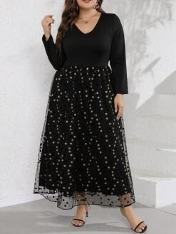 Women‘s Plus Size Curve Party Dress Swing Dress Black Dress Long Dress Maxi Dress Black Long Sleeve Polka Dot Mesh Summer Spring Fall V Neck Fashion Winter Dress Birthday Evening Party 2023 -HAYz Clothing Shop fullce1691464042844