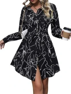 Women's Shirt Dress Casual Dress Mini Dress Outdoor Daily Date Polyester Fashion Modern Shirt Collar Lace Up Button Long Sleeve Fall Winter 2023 Regular Fit Black Geometric S M L XL -HAYz Clothing Shop fundki1695367370008