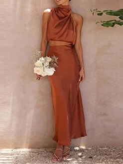 Women's Two Piece Dress Set Casual Dress Skirt Set Daily Holiday Fashion Sexy Ruched Long Dress Maxi Dress Stand Collar Sleeveless Plain Regular Fit Black White Light Green Summer Spring S M L XL -HAYz Clothing Shop furdpj1690857205084