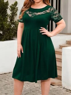 Women's Plus Size Curve Party Dress Lace Dress Semi Formal Dress Solid Color Midi Dress Short Sleeve Lace Crew Neck Fashion Party ArmyGreen Black Fall Winter XL XXL 3XL 4XL -HAYz Clothing Shop fusmla1695813613775