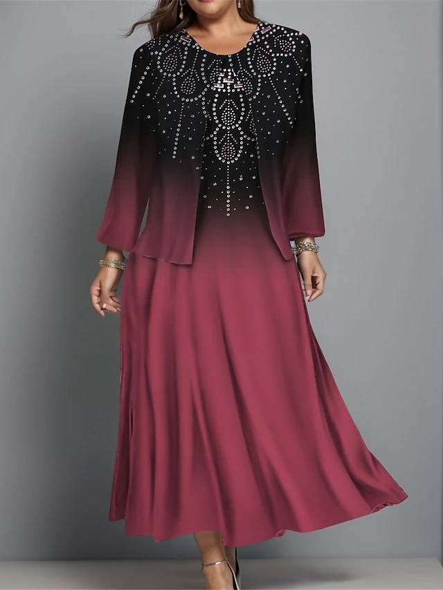 Women's Plus Size Two Piece Dress Set Casual Dress Swing Dress Outdoor Office Fashion Streetwear Print Midi Dress Crew Neck Long Sleeve Geometric Ombre Regular Fit Blue Purple Green Fall Winter L XL 1 Women's Plus Size Two Piece Dress Set Casual Dress Swing Dress Outdoor Office Fashion Streetwear Print Midi Dress Crew Neck Long Sleeve Geometric Ombre Regular Fit Blue Purple Green Fall Winter L XL