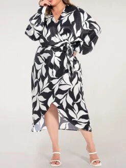 Women's Plus Size Curve Work Dress Satin Dress Wrap Dress Floral Midi Dress Long Sleeve Split V Neck Fashion Office Black Fall Winter L XL XXL 3XL 4XL