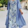 Women's Two Piece Dress Set Casual Dress Swing Dress Daily Date Fashion Streetwear Print Midi Dress Strap 3/4 Length Sleeve Floral Loose Fit Blue Green Fall Winter S M L XL XXL