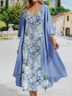 Women's Two Piece Dress Set Casual Dress Swing Dress Daily Date Fashion Streetwear Print Midi Dress Strap 3/4 Length Sleeve Floral Loose Fit Blue Green Fall Winter S M L XL XXL
