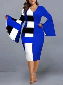 Women's Plus Size Curve Party Dress Cocktail Dress Work Dress Geometric Stripe Midi Dress Long Sleeve Print V Neck Fashion Party Black Red Fall Winter XL XXL 3XL 4XL 5XL -HAYz Clothing Shop fvrask1695712245725