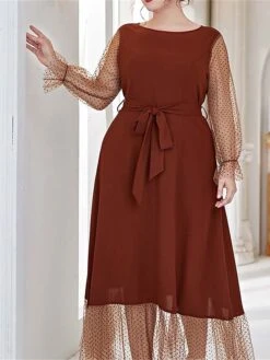 Women's Plus Size Prom Dress Party Dress Wedding Guest Dress Long Dress Maxi Dress Black Brown Long Sleeve Pure Color Lace Up Fall Winter Autumn Crew Neck Fashion Winter Dress Evening Party Wedding -HAYz Clothing Shop fvwqmn1693535308405