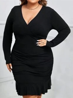 Women's Plus Size Curve Party Dress Bodycon Sheath Dress Plain Midi Dress Long Sleeve Ruched Ruffle V Neck Fashion Party Black Fall Winter XL XXL 3XL -HAYz Clothing Shop fwcdhz1695026156087