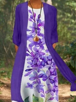 Women‘s Plus Size Curve Dress Set Print Crew Neck Print 3/4 Length Sleeve Spring Fall Stylish Casual Maxi Long Dress Daily Holiday Dress -HAYz Clothing Shop fwekxh1636381023905