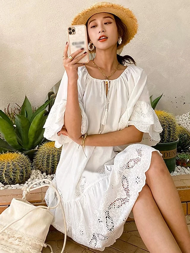 Women's Cotton Linen Dress Casual Dress Mini Dress Cotton Blend Basic Classic Daily Vacation Crew Neck Lace Half Sleeve Summer Spring 2023 Loose Fit White Pure Color S M L XL 2 Women's Cotton Linen Dress Casual Dress Mini Dress Cotton Blend Basic Classic Daily Vacation Crew Neck Lace Half Sleeve Summer Spring 2023 Loose Fit White Pure Color S M L XL - Image 2