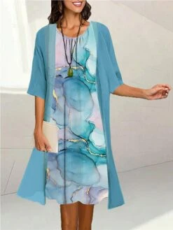 Women's Two Piece Dress Set Casual Dress Print Dress Outdoor Daily Fashion Elegant Print Midi Dress Crew Neck 3/4 Length Sleeve Ombre Marble Print Loose Fit Black Light Green Pink Summer Spring S M L -HAYz Clothing Shop fwjrbf1690171186845