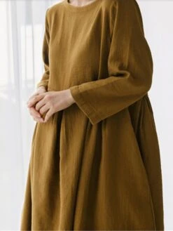 Women's Cotton Linen Dress Casual Dress Swing Dress Maxi Long Dress Cotton Blend Basic Classic Outdoor Daily Crew Neck Pocket Smocked Long Sleeve Summer Spring Fall 2023 Loose Fit Black Yellow Green -HAYz Clothing Shop fwrzep1673850087047