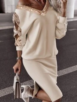 Women's Two Piece Dress Set Casual Dress Sequin Dress Daily Date Fashion Streetwear Patchwork Hollow Out Midi Dress V Neck Long Sleeve Plain Loose Fit Apricot Fall Winter S M L XL