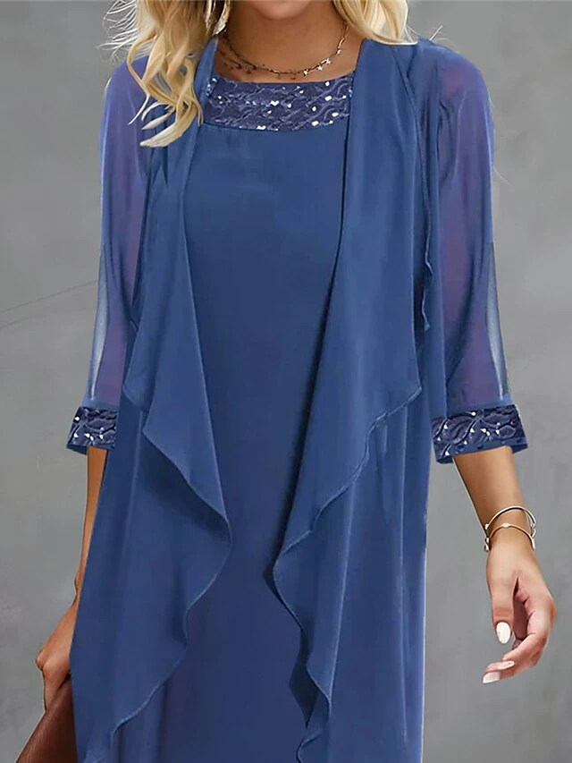 Women's Two Piece Dress Set Casual Dress Chiffon Dress Outdoor Daily Fashion Elegant Patchwork Sequin Midi Dress Crew Neck 3/4 Length Sleeve Plain Regular Fit Navy Blue Fall Winter S M L XL XXL 2 Women's Two Piece Dress Set Casual Dress Chiffon Dress Outdoor Daily Fashion Elegant Patchwork Sequin Midi Dress Crew Neck 3/4 Length Sleeve Plain Regular Fit Navy Blue Fall Winter S M L XL XXL - Image 2