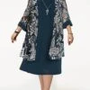 Women's Plus Size Curve Two Piece Dress Set Party Dress Chiffon Dress Formal Party Fashion Elegant Patchwork Print Midi Dress Crew Neck 3/4 Length Sleeve Floral Wine Navy Blue Green Spring Fall