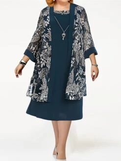 Women's Plus Size Curve Two Piece Dress Set Party Dress Chiffon Dress Formal Party Fashion Elegant Patchwork Print Midi Dress Crew Neck 3/4 Length Sleeve Floral Wine Navy Blue Green Spring Fall