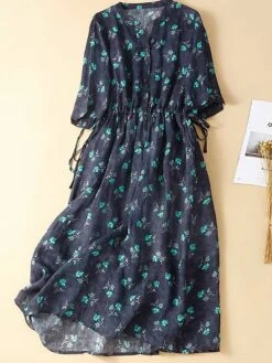 Women's Casual Dress Cotton Linen Dress A Line Dress Midi Dress Linen / Cotton Blend Basic Classic Outdoor Daily Vacation Split Neck Button Pocket 3/4 Length Sleeve Spring Fall Autumn 2023 Loose Fit