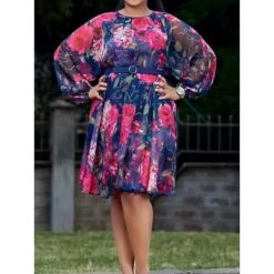 Women's Plus Size Curve Party Dress Casual Dress Cocktail Dress Floral Midi Dress Long Sleeve Print Crew Neck Fashion Party Purple Green Fall Winter XL XXL 3XL