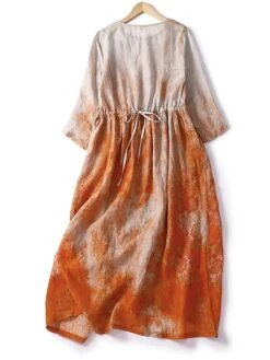 Women's Casual Dress Linen Dress Midi Dress Linen Fashion Romantic Outdoor Daily Holiday Crew Neck Pocket Print 3/4 Length Sleeve Fall Winter Autumn 2023 Loose Fit Blue Orange Painting Flower M L XL -HAYz Clothing Shop fxrict1694418652315