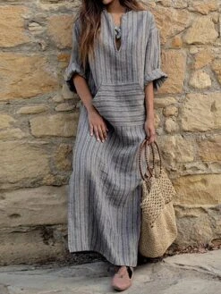 Women‘s Cotton Linen Dress Shirt Dress Casual Dress Tartan Dress Maxi Long Dress Cotton And Linen Casual Outdoor Daily Holiday Split Neck Rolled Cuff Print Long Sleeve Summer Spring Fall 2023