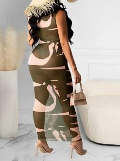 Women's Sheath Dress Long Dress Maxi Dress Black Army Green Sleeveless Striped Print Spring Summer Crew Neck Slim Mesh S M L XL XXL -HAYz Clothing Shop fygymh1628149158111