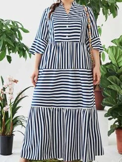 Women's Shirt Dress Casual Dress Maxi Long Dress Outdoor Daily Date Cotton Polyester Fashion Basic Stand Collar Patchwork Button Long Sleeve Fall 2023 Loose Fit Blue Striped L XL 2XL 3XL 4XL -HAYz Clothing Shop fyobzl1693452918086