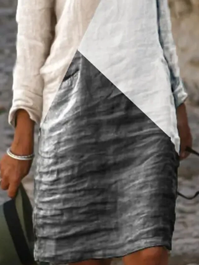 Women's Casual Dress Cotton Linen Dress Shift Dress Midi Dress Cotton Blend Basic Modern Outdoor Daily Vacation V Neck Patchwork Long Sleeve Summer Spring Fall 2023 Regular Fit White Color Block S M 3 Women's Casual Dress Cotton Linen Dress Shift Dress Midi Dress Cotton Blend Basic Modern Outdoor Daily Vacation V Neck Patchwork Long Sleeve Summer Spring Fall 2023 Regular Fit White Color Block S M - Image 3