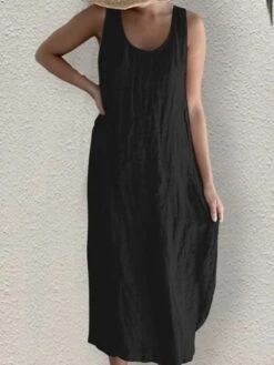 Women's Casual Dress Cotton Linen Dress Shift Dress Midi Dress Bamboo Modern Casual Daily U Neck Ruched Sleeveless Summer Spring 2023 Regular Fit Black White Pink Pure Color S M L XL 2XL -HAYz Clothing Shop fyromn1682564078755