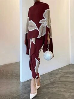 Women's Two Piece Dress Set Casual Dress Skirt Set Daily Going Out Elegant Modern Ruffle Print Long Dress Maxi Dress Stand Collar Long Sleeve Floral Regular Fit White Champagne Wine Fall Winter S M L -HAYz Clothing Shop fytdfq1693386104994