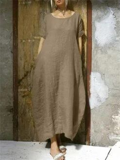 Women's Cotton Linen Dress Casual Dress Maxi Long Dress Cotton Blend Casual Outdoor Daily Vacation Crew Neck Pocket Short Sleeve Summer Spring 2023 Loose Fit Navy Blue Camel Brown Pure Color S M L XL -HAYz Clothing Shop fytytz1681380585235
