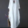 Women‘s Cotton Linen Dress Caftan Dress Shift Dress Long Dress Maxi Dress Green Red Light Blue White Black 3/4 Length Sleeve Pure Color Pocket Spring Summer Fall Boat Neck Basic Casual Loose Fit 2023