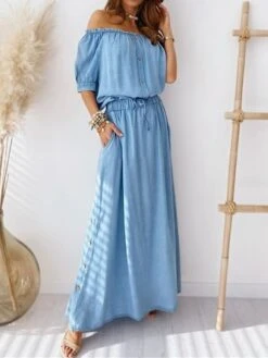 Women's Two Piece Dress Set Casual Dress Skirt Set Outdoor Daily Modern Casual Pocket Drawstring Long Dress Maxi Dress Off Shoulder Half Sleeve Floral Loose Fit Blue Gray Summer Spring S M L XL XXL