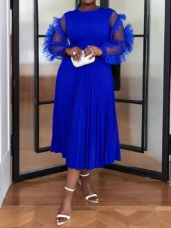 Women's Plus Size Curve Party Dress Formal Dress A Line Dress Plain Midi Dress Long Sleeve Pleated Ruffle Crew Neck Fashion Party Blue Fall Winter XL XXL 3XL 4XL -HAYz Clothing Shop fzusrm1694425977296