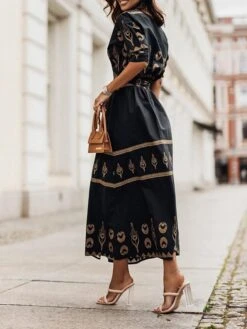 Women's Casual Dress Cotton Linen Dress White Dress Midi Dress Polyester Fashion Gothic Outdoor Daily Vacation Stand Collar Print Half Sleeve Summer Spring Fall 2023 Loose Fit Black Green Apricot -HAYz Clothing Shop fzvotv1690369995924