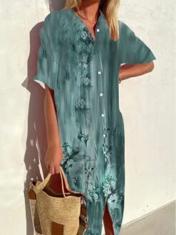 Women's Shirt Dress Mini Dress Office Daily Date Polyester Modern Casual Shirt Collar Button Print Half Sleeve Summer Spring Fall 2023 Loose Fit Red Purple Green Graphic S M L XL 2XL -HAYz Clothing Shop fzzxzh1693991251911