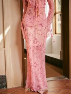 Women's Two Piece Dress Set Casual Dress Skirt Set Outdoor Daily Fashion Streetwear Print Long Dress Maxi Dress V Neck Long Sleeve Floral Slim Pink Green Fall S M L -HAYz Clothing Shop gacsyj1693278425142