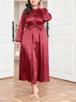 Women's Plus Size Prom Dress Party Dress Wedding Guest Dress Long Dress Maxi Dress Wine Long Sleeve Pure Color Lace Up Fall Winter Autumn Crew Neck Fashion Winter Dress Wedding Guest Evening Party